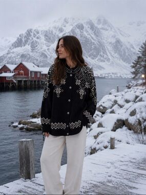 Dale Of Norway Sweater Vintage Nordic Oversized Cardigan in Black White